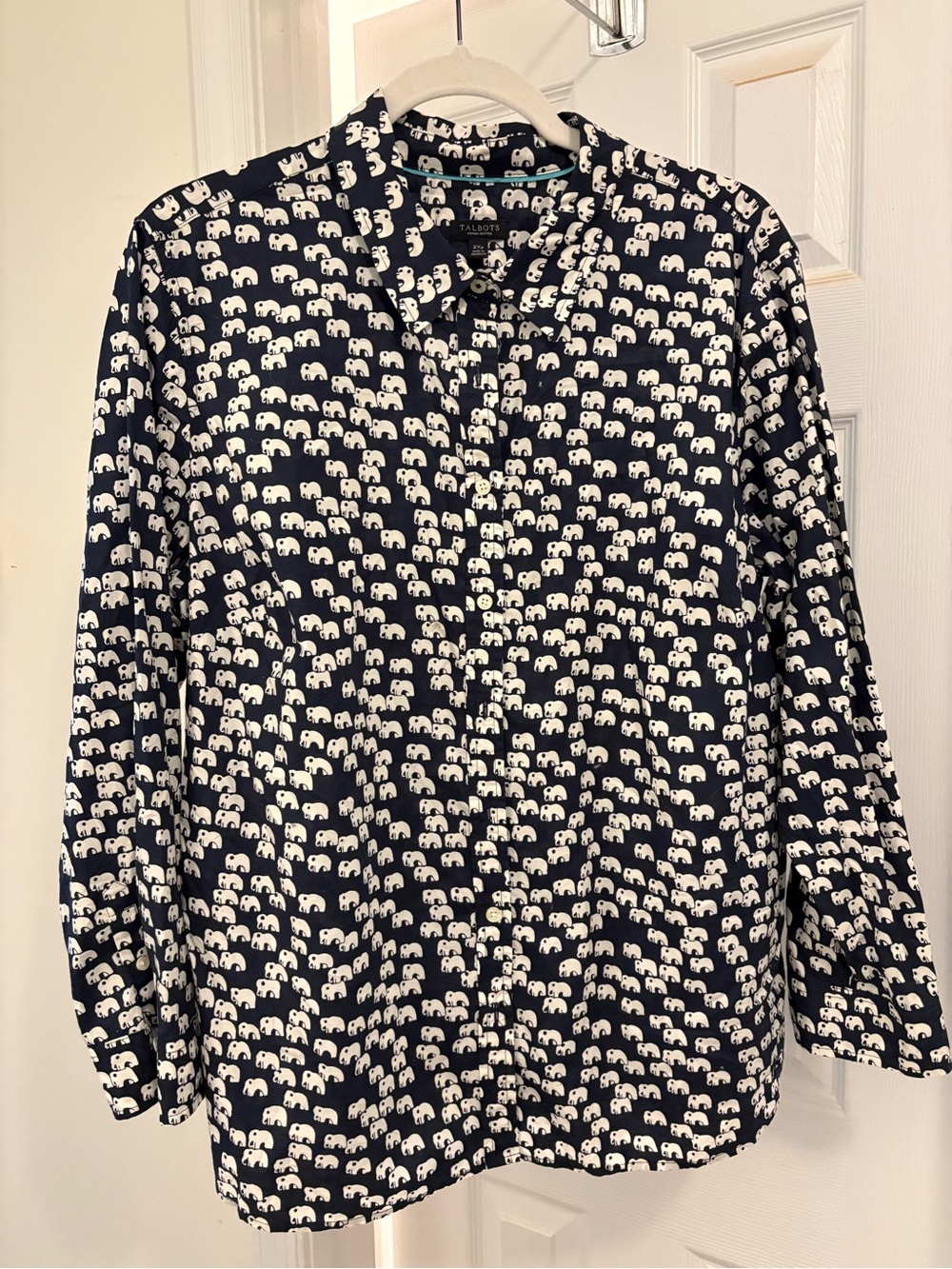 Talbots Navy Blue Button Down Elephant Print Shirt 2XP
